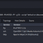 Captura de Zenmap mostrando puertos abiertos 21, 22 y 80 en un escaneo Nmap detallado.